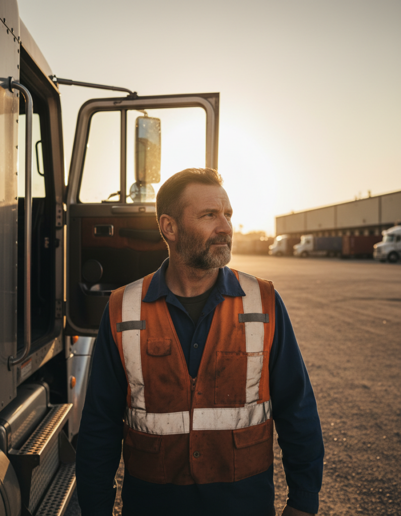 Semi-truck driver in a safety vest standing beside his truck cab