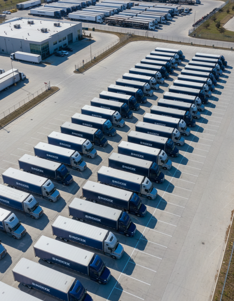 Aerial view of a fleet of semi-trucks parked in a logistics yard