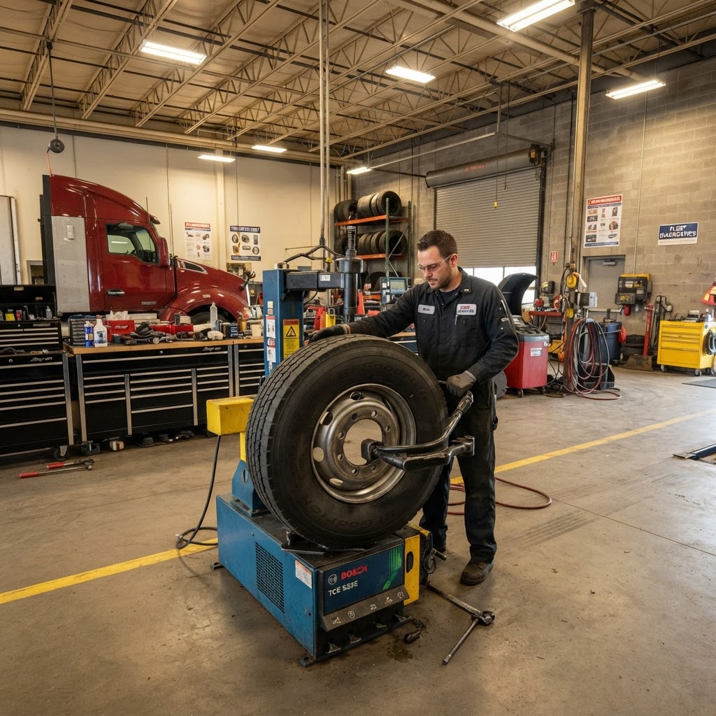Mechanic mounting a semi-truck tire on a tire changer machine