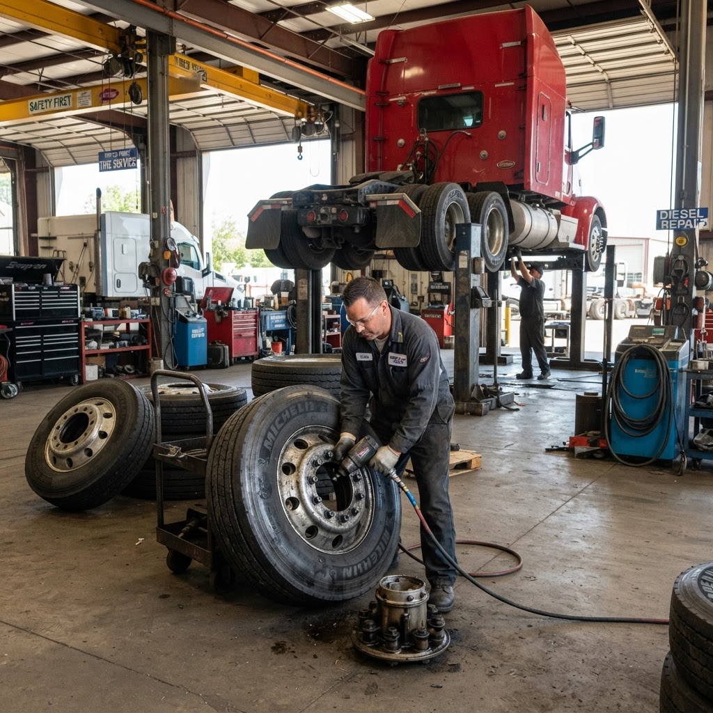 Technician removing a semi-truck wheel with an impact wrench in a tire shop