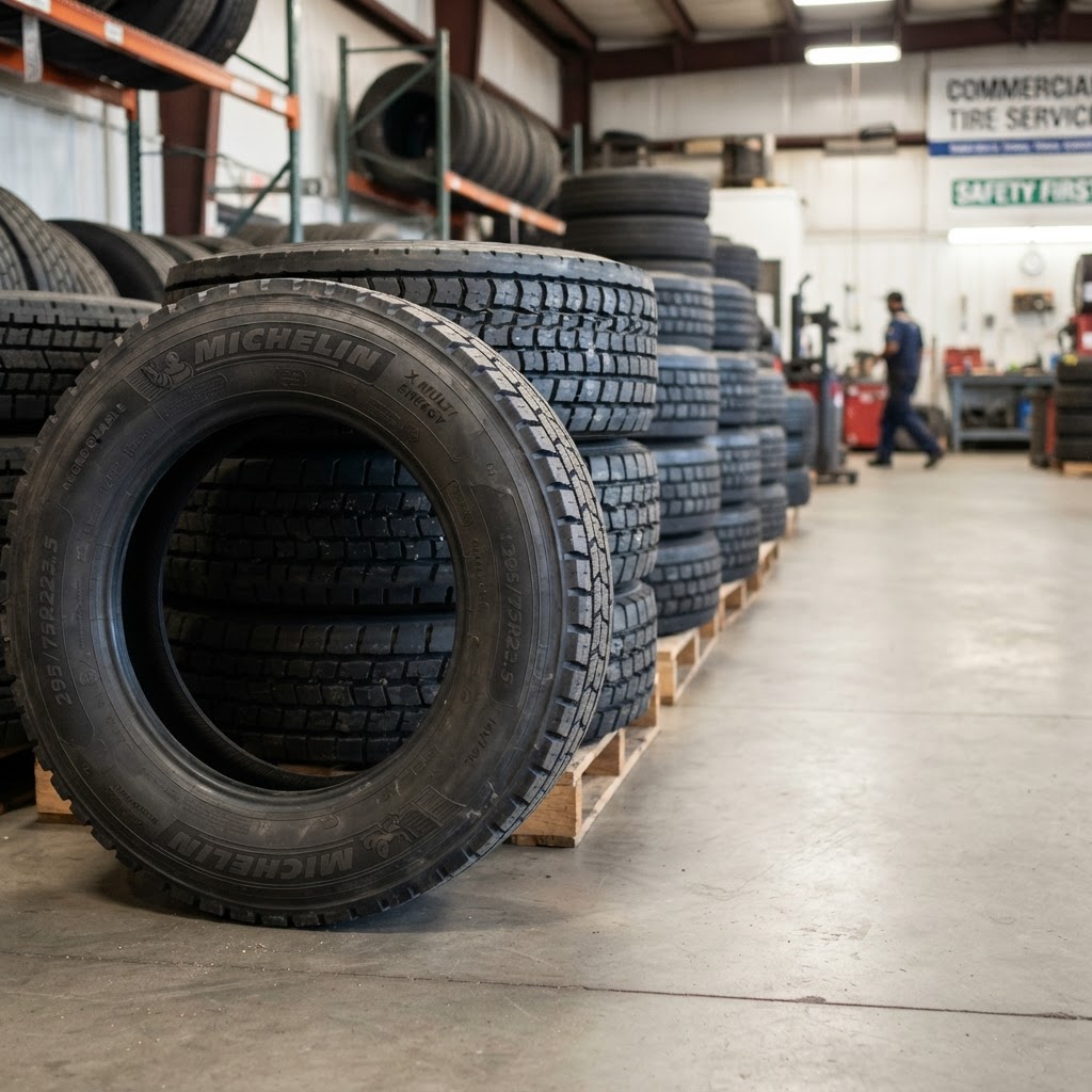 Michelin semi-truck tires stacked in a commercial tire shop with a service technician